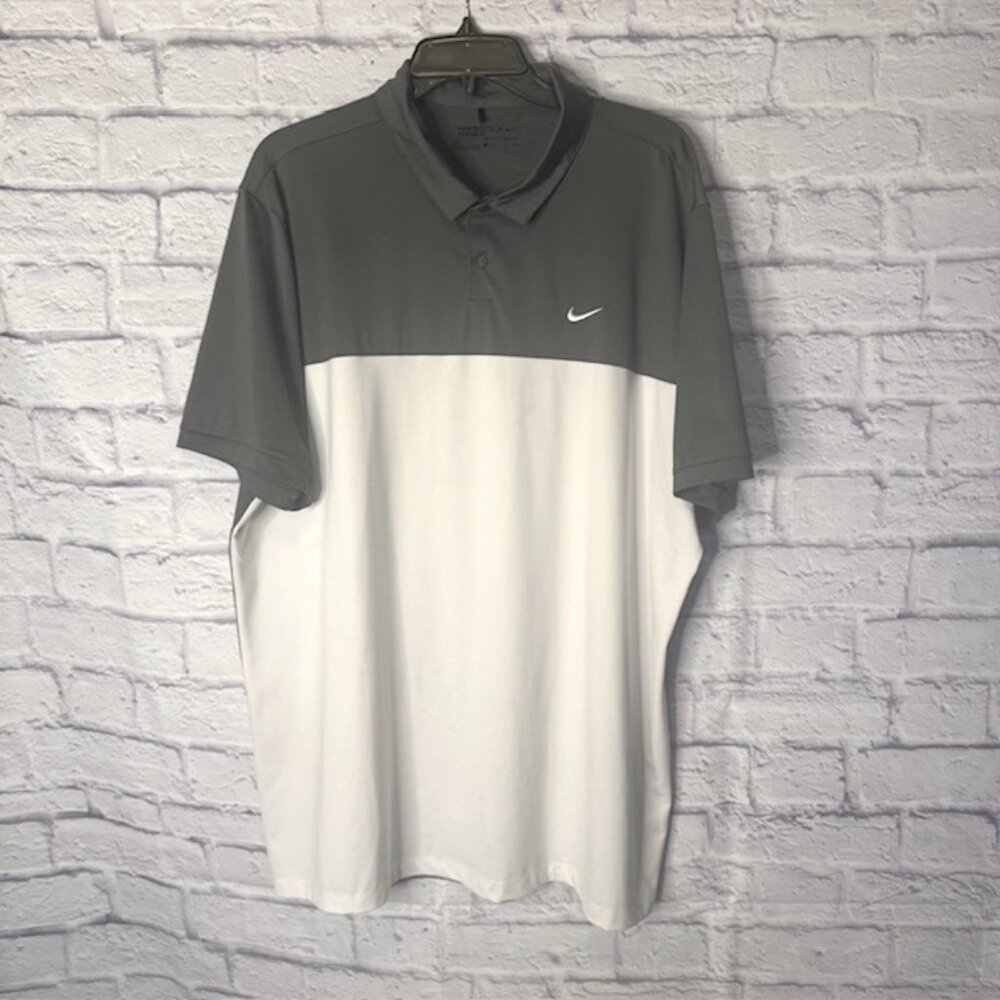 Nike Mens Golf Shirt XL Dri Fit Standard Fit Gray/ White